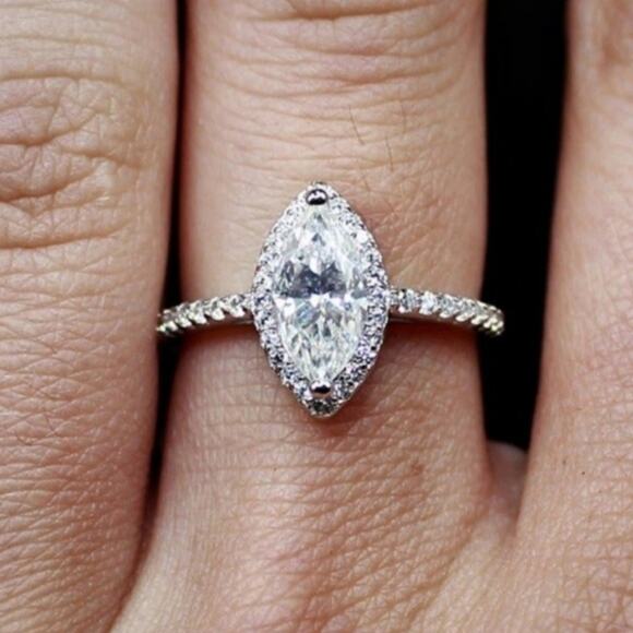 Moissanite Engagement Ring Marquise Cut Halo Pave CZ Sterling Silver 7 NWT - Picture 6 of 13